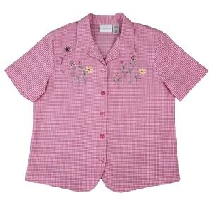 VTG Pink Gingham Top Butterfly Floral Embroidery Size 14 Cottagecore Grandmacore